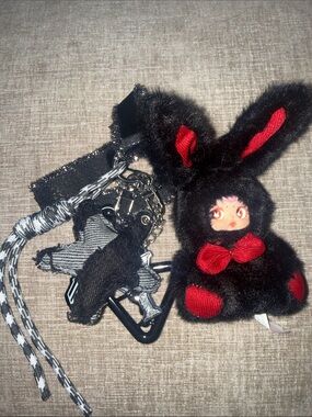 Baby three blind box Black Plush Bunny Doll Keychain with Red w card